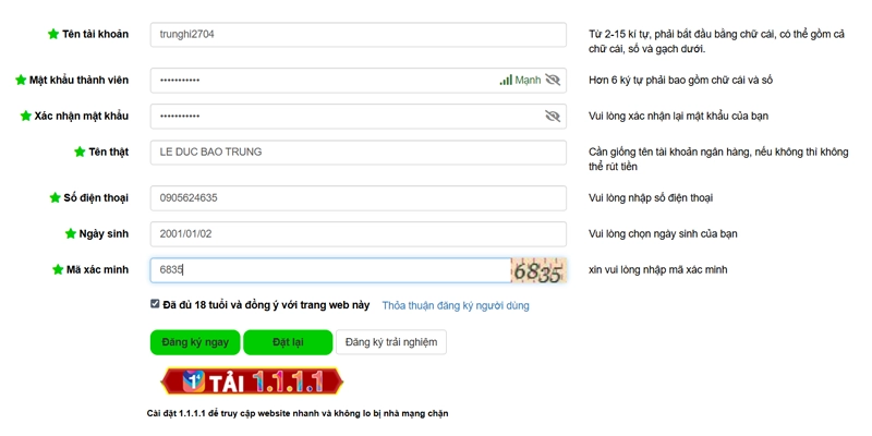 Điền đầy đủ thông tin vào form đăng ký Good88