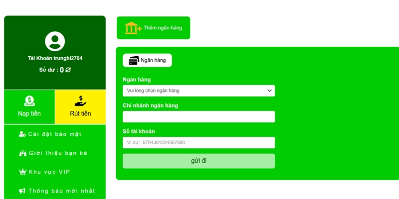 Thêm thông tin ngân hàng để rút tiền good88