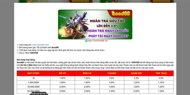 Good88 hoàn tối đa 3% doanh thu cược mỗi ngày